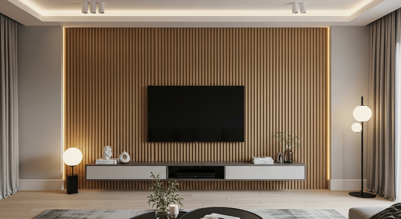 Fluted accent wall in modern living room